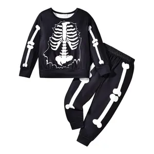 Little Boy Girl Halloween Outfit Skeleton Print Long Sleeve Sweatshirt Elastic Waist Pants 2 Piece Set for Fall Winter