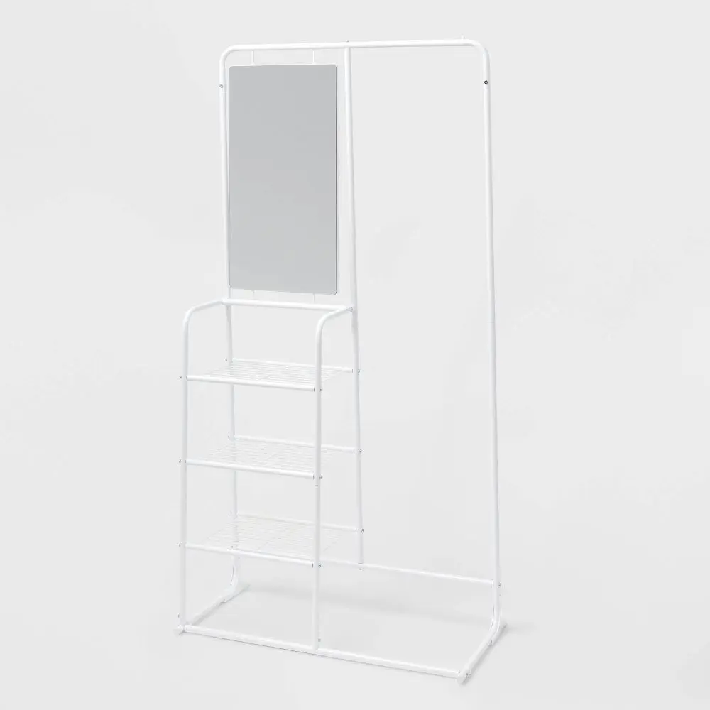 Metal Garment Rack with Mirror and Shelving White - Brightroom