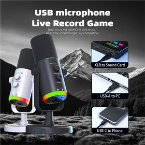 Yu7-Black/White XLR Dynamic USB PC Podcast Microphone with Mute Gain Knob RGB Gaming Audio for Live Streaming & Recording USB-A to PC & USB-C to Phone