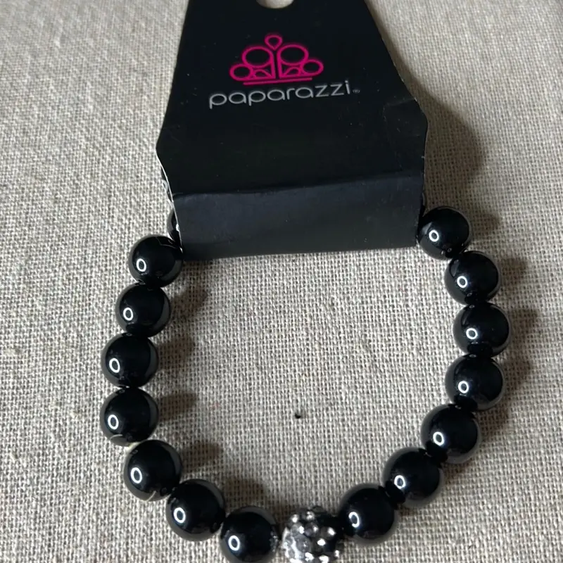 Paparazzi Black Rock Bracelet with Beads and Rhinestone Accents