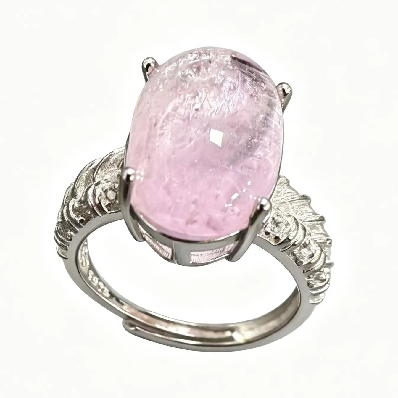 Unisex Whimsical Natural Kunzite Oval Statement Ring - 925 Silver Textured Band, Adjustable, 16×11mm, Diamond Accents, Feathered, Calm & Emotional Healing for Everyday Wear, Daily