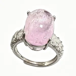 Natural Kunzite Statement Ring with Textured Band | 925 Silver Adjustable 16×11mm