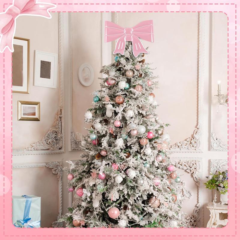 Pink Bow Christmas Tree Topper Metal Bow Tree Topper 13.4 x 9.4 Inch Coquette Pink Christmas Ornament for Xmas Party Table Home Decorations