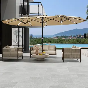15FT Extra Large Double-Sided Patio Umbrella with 36 Solar LED Lights, Rectangular Outdoor Market Sun Shade with Included Base, Perfect for Poolside, Lawn & Backyard
