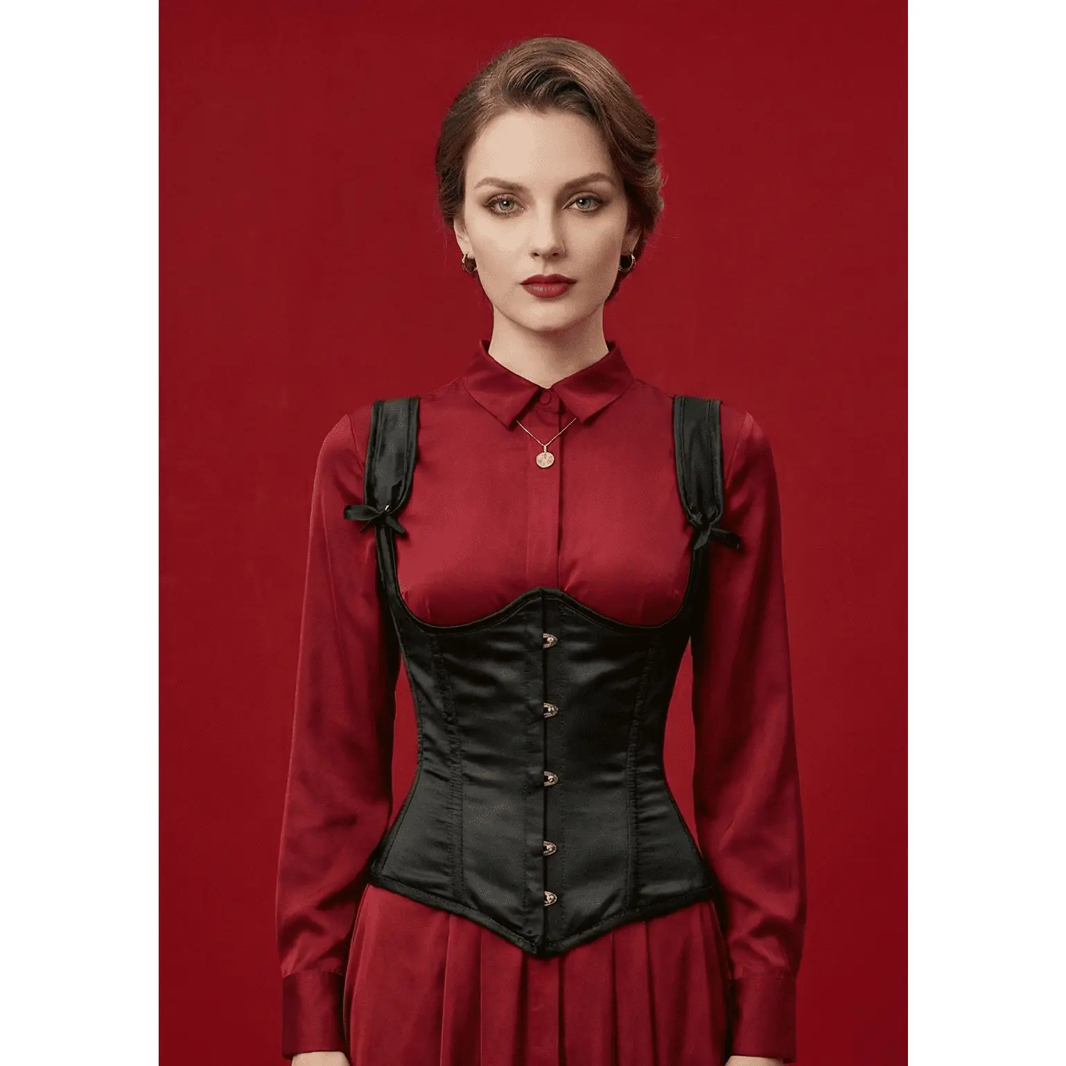 Black Satin Under bust Corset with Shoulder Straps for Waist Reduction and Body Shaping