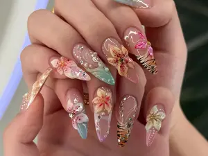 Tropical Glam Press On Nails Long Stiletto, Floral Tiger Leopard Art, Y2K Pastel Vacation Nails Gift