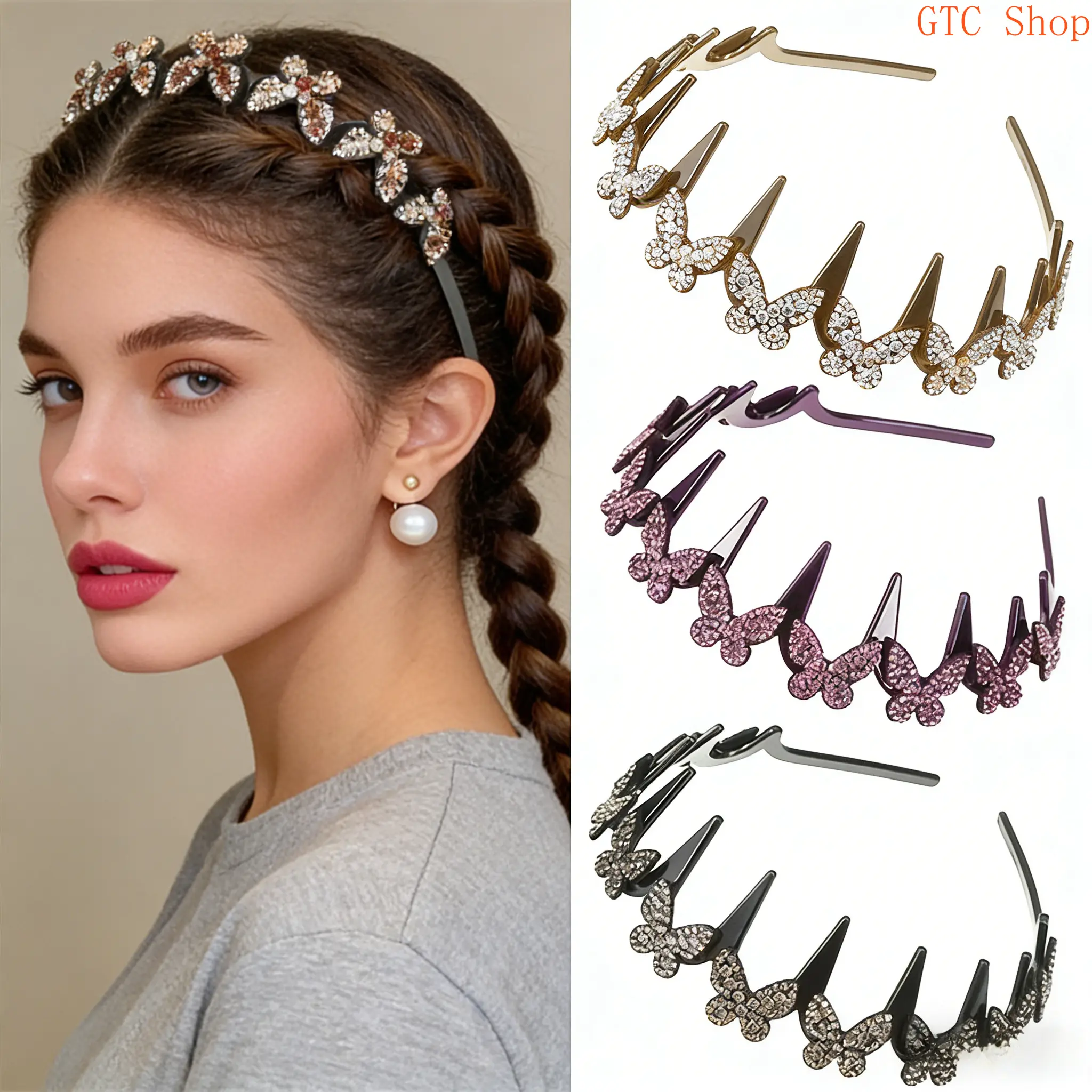 Women's Silver Rhinestone Headband - Non-Slip Butterfly Decor, Lightweight Durable Plastic, Casual Party Use, Comfortable One Size Hair Accessory, Wedding