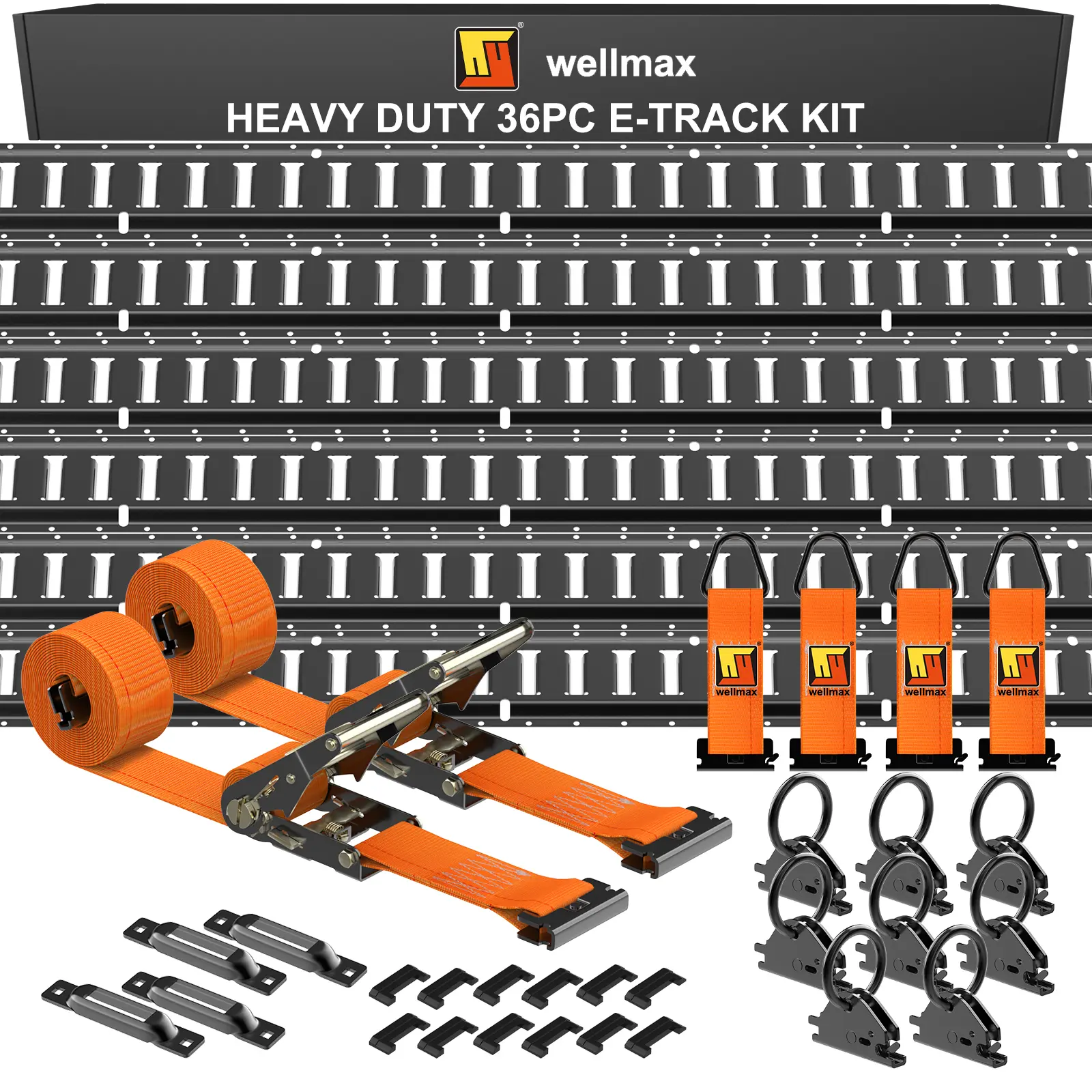 Wellmax 36PC E Track Rail Kit - Heavy Duty Rails, Ratchet Straps, O-Rings, Tie-Offs - Versatile Use E Track Accessories for Enclosed Trailers, Trucks - Cargo Management with Enhanced Stability, Extra Security, Manufacturer Warranty