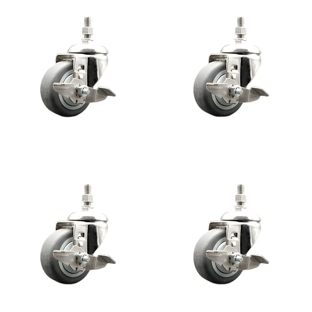Service Caster SCC-SS316TS20S3514-TPRB-TLB-M1215-4 Thermoplastic Rubber Swivel Stem Caster with 3.5 in. Caster Wheels - 12 mm Metric Threaded Stems - 316 Stainless Steel Casters - Set of 4