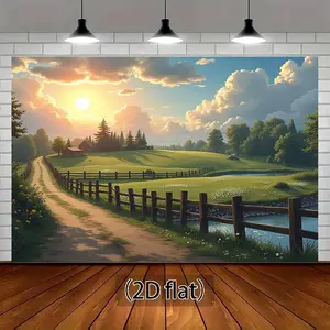 1pc Summervibes Polyester 2D Flat Photography Backdrop Banner, Countryside Road Theme with Sunrise, Fences, Green Fields, No Electricity Needed for Birthday & Home Festive Party Supplies