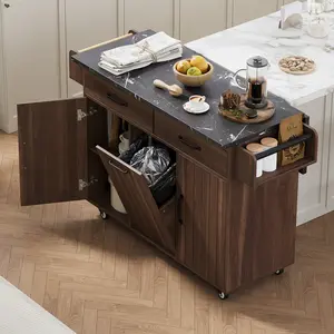 Kitchen Island with Trash Can Storage Cabinet, Kitchen Cart with Drop Leaf, Spice Rack, Towel Rack and Drawer, Rolling Kitchen Island on Wheels with Adjustable Shelf