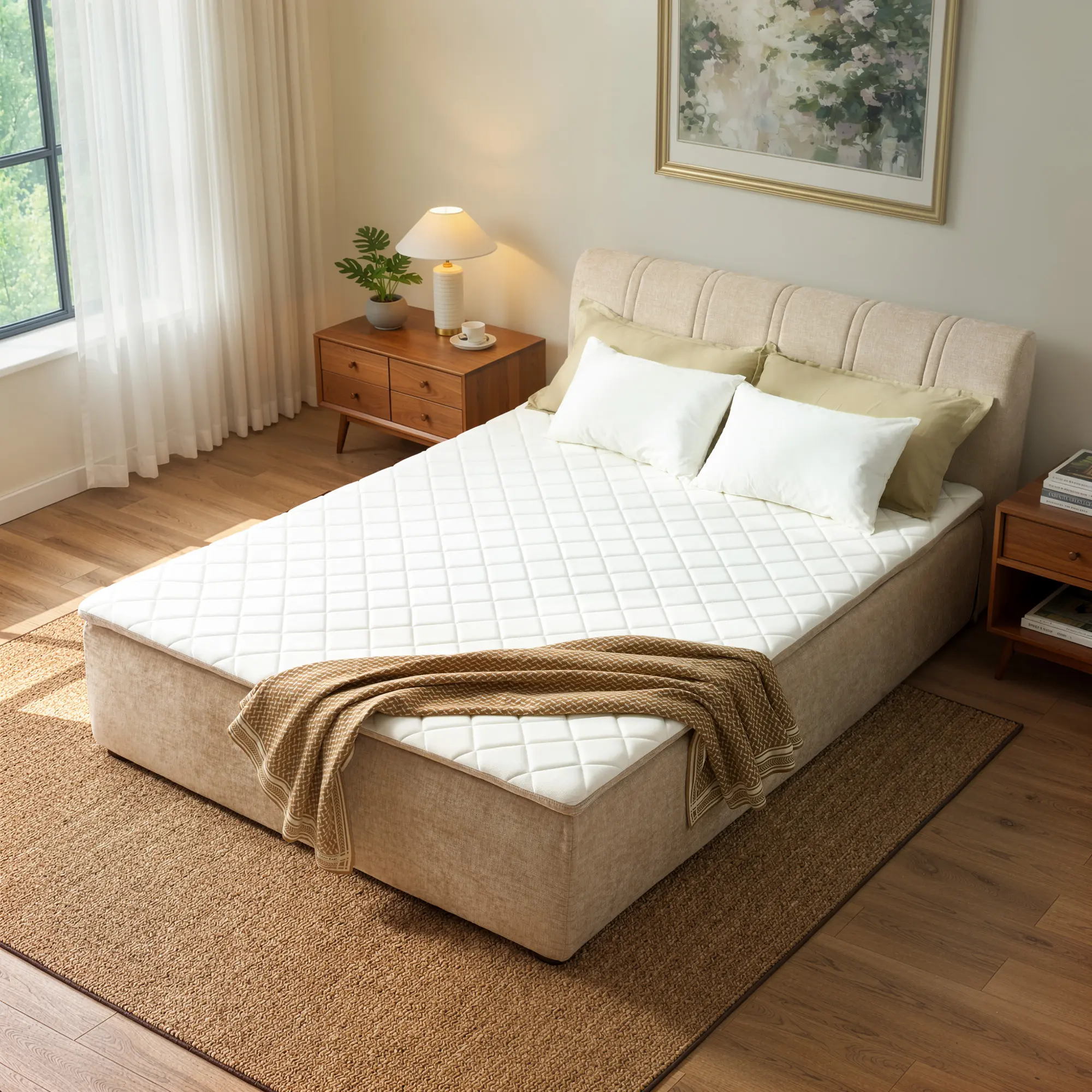 ALLWEX 61" Queen Upholstered Bed with Mattress Included, All-in-One Compression Bed Frame, Memory Foam & Pocket Spring Mattress, No Box Spring Needed, Easy Setup Platform Bed with Headboard