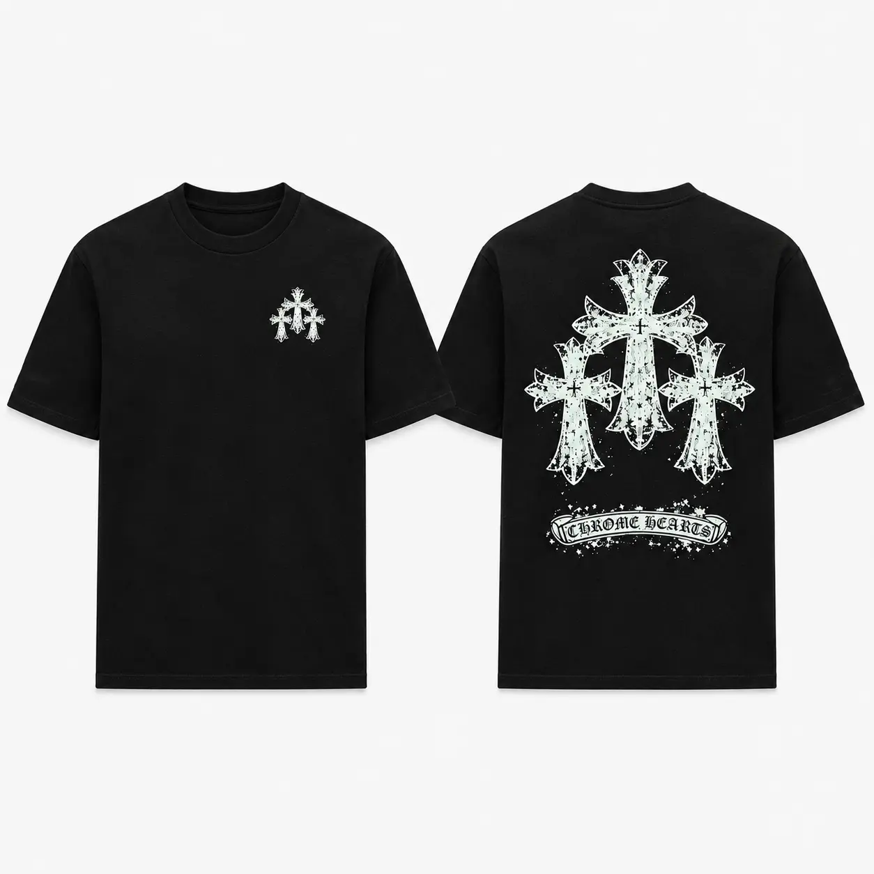 Chrome Hearts Triple Distressed Gothic Cross Two Sided Tee