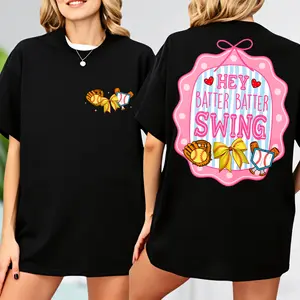 Preppy Softball Bow Style Glitter Unisex T-shirt, Hey Batter Batter Swing Game Day Unisex Graphic Tee, Softball Stripes Coquette Bow T-shirt