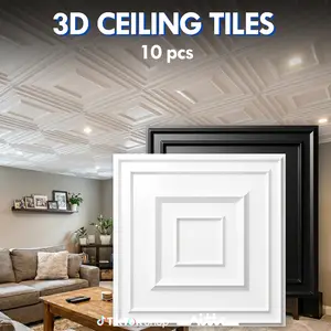 10PCS 24"x24" 3D Ceiling Tiles, PVC Decorative Ceiling Panels for Drop Ceiling or Glue-Up Installation, Modern Square Design, Lightweight Waterproof Ceiling Tiles, Available in White or Black, for Living Room, Bedroom, Office, Covers 40 Sq Ft