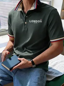 English Vintage London Printed Polo Shirt, Plus Size Oversized Casual Sports Streetwear, Fitted Random Pattern Top