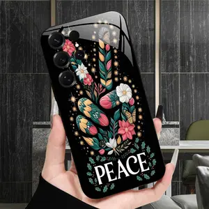 Peace Hand Sign Pattern, Black Tempered Glass Phone Case, for for galaxy Samsung Galaxy S26 S25 S24 S23 S22Pro S21 S20 Fe Plus Ultra Pro A56 A55 A54 A53 A52 A51 A36 A35 A34 A32 A26 A25 A24 A23 A16, camera protection, anti-fingerprint, lightweight, stylish