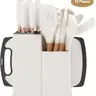 19pcs Large Nonstick Silicone Kitchen Cookware Set - Pasta-Compatible, Hanging-Ready, High Temp Res, Wooden Spatula Handle, Stainless Steel Utensils, Utility Measuring Cups-Spoons, Self-Sharpening Dual Knife Set with Block