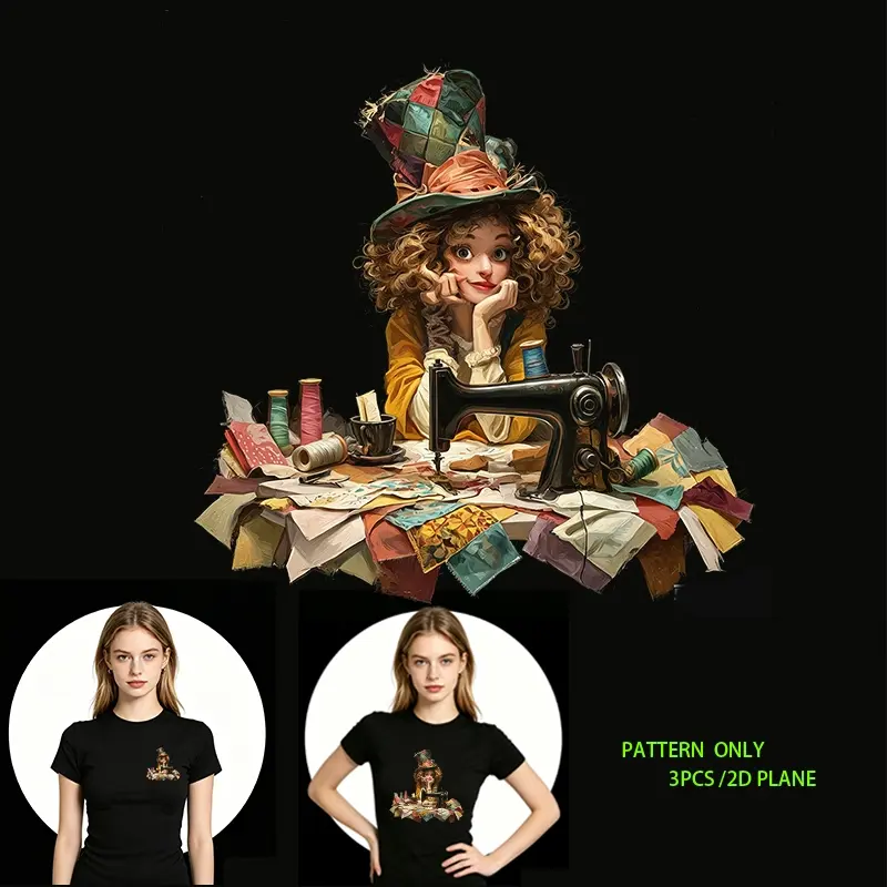 Vintage Sewing Machine & Colorful Fabric Pattern DTF Heat Transfer Vinyl - DIY T-Shirt Iron-On Design for Clothes, Backpacks, Sweatshirts, Jeans - Washable, Creative Fashion Art Decal