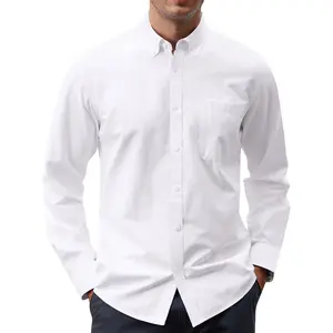 Men's Oxford Shirt Solid Casual Button Down Collar Shirts Long Sleeve Dress Shirts with Pocket Top White Cotton Beige Classic Menswear Warmer Soft