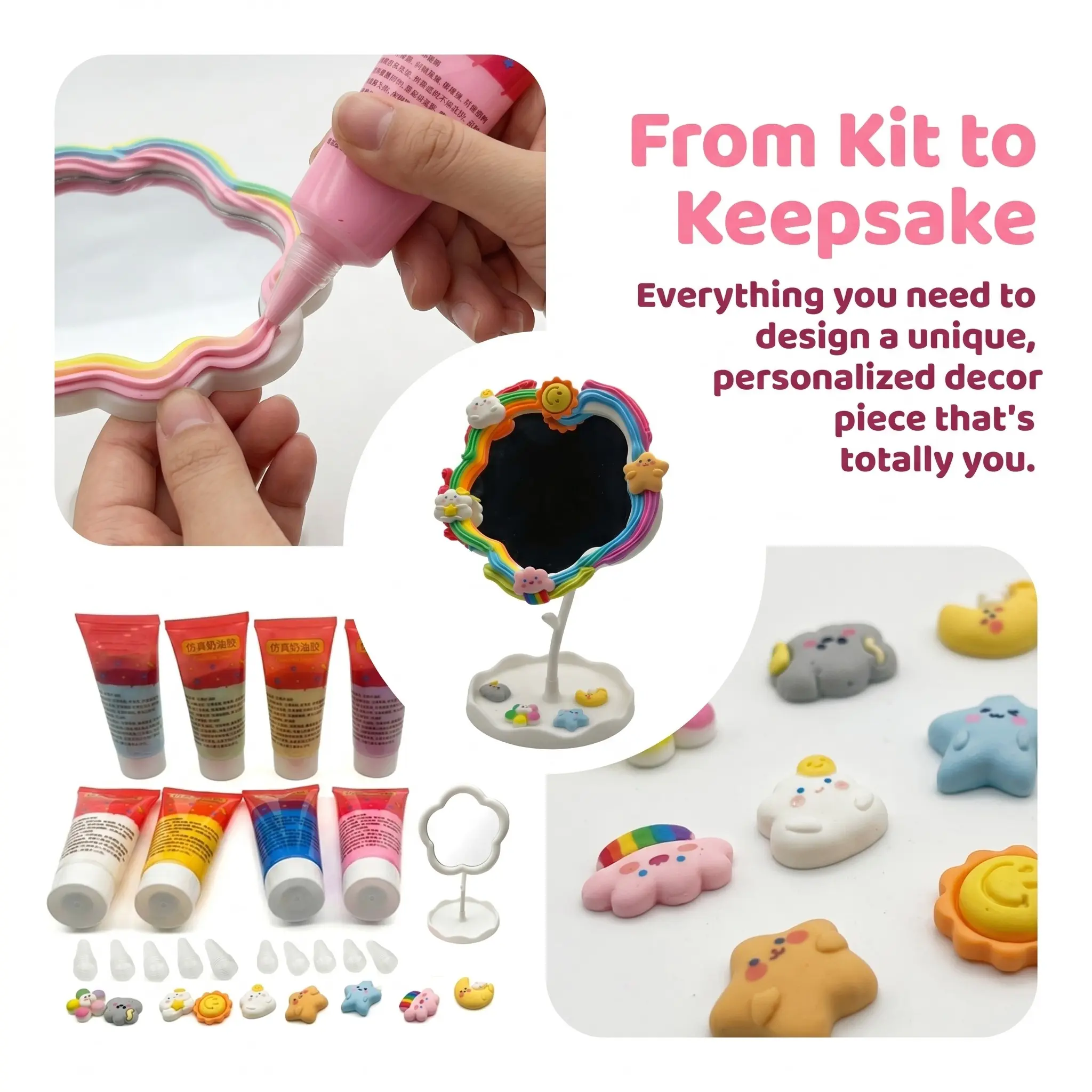 8 Color 50g Cream Gel DIY Kit, Includes Mirror, 10 Piping Tips, 9 Decorative Accessories, 10 Small Adhesive Strips, Soft Colored Clay Set, Diy Creative Craft Kit