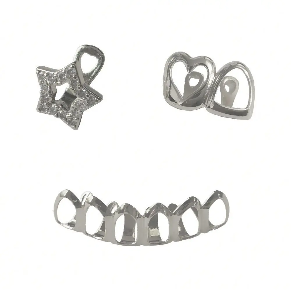 Women's Coquette Style Silver-Plated Iced Star & Open Heart Grillz Set, Gentle Aesthetic Teeth-Dental Accessory, Reusable with Customizable Fit