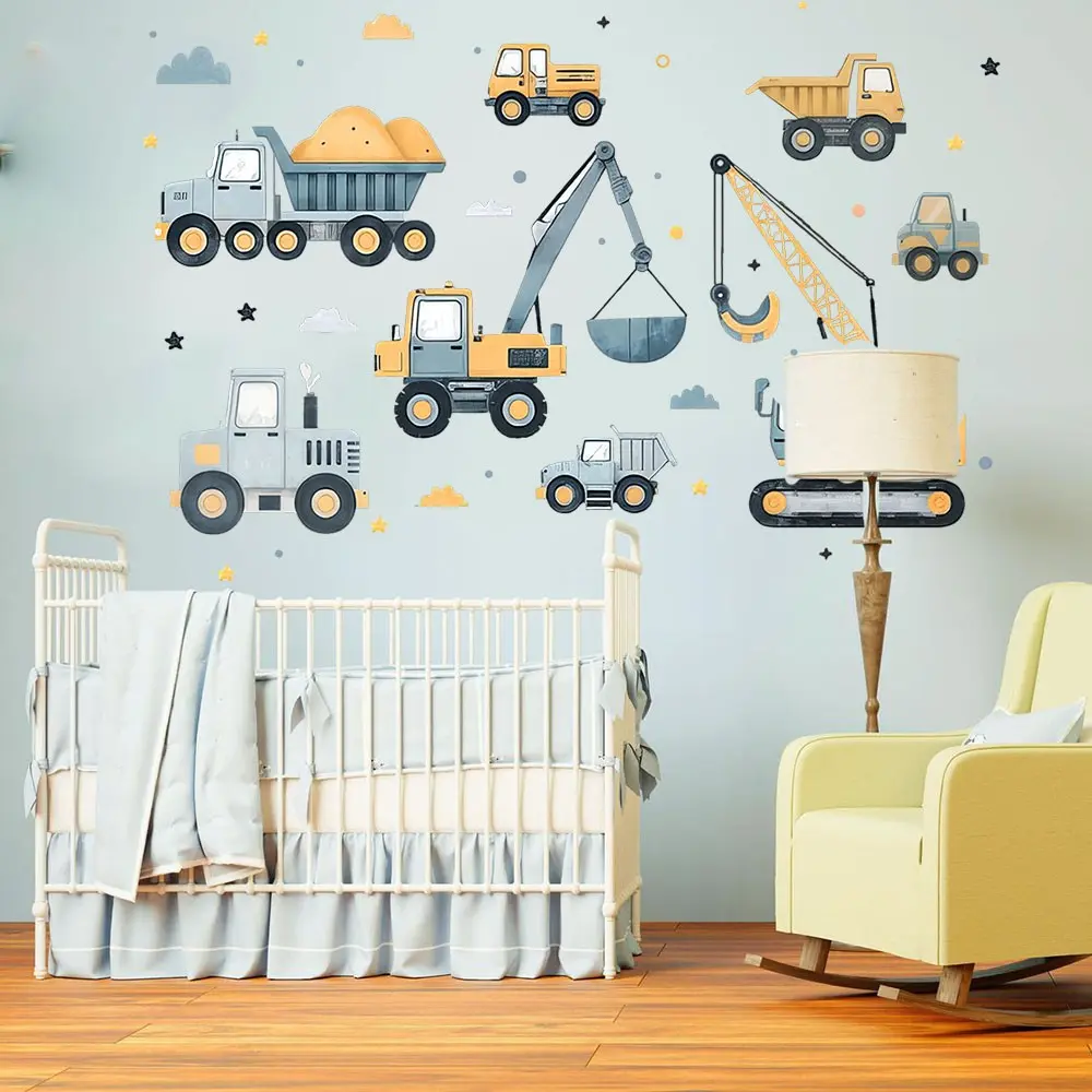 Excavator Vehicle Set Wall Stickers, Construction Crane Truck Decals, Decorative Stickers, Waterproof Wall Decal, Decoration Sticker, Ideal for Bedroom Living Room Dining Room Home Decor