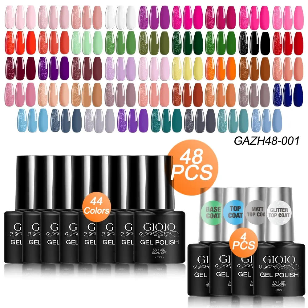 GIOIO 48pcs Gel Nail Polish Kit 44 Colors UV LED Gel Polish With Base Coat Glossy&Matt&Glitter Top Coat Nail Polish Set Pink Blue Green Various Color DIY Manicure Set Nail Care for Women Girls Cosmetic Manicure