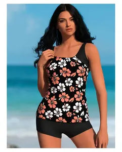 Women's Two Piece Swimsuit Beach Resort Bathing Suit Tropical Print Halter Bikini Set with Shorts High Waisted Swimwear for Women