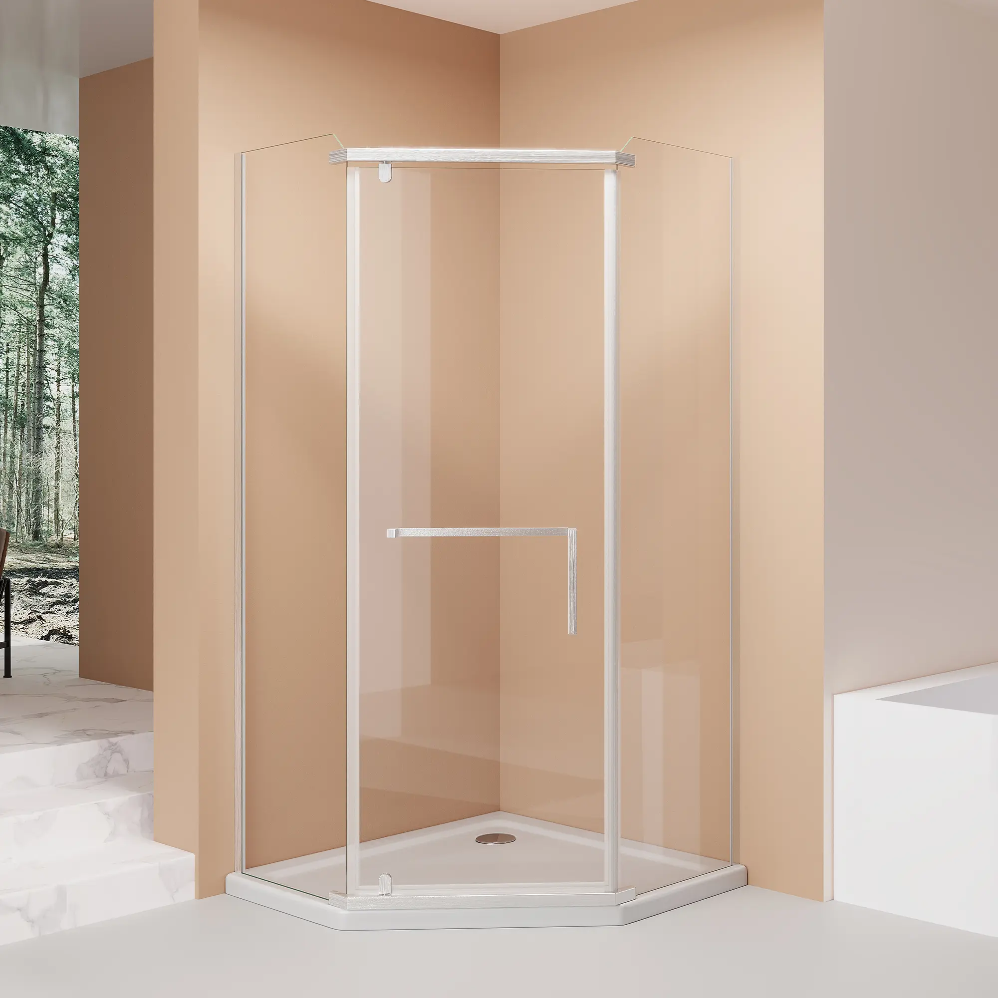 Frameless Neo-Angle Pivot Shower Enclosure, 36" x 36" x 72", 1/4" Tempered Glass, Brushed Nickel, Wall-Mount Aluminum Frame, Smooth Sliding Door, Corner Installation, Base Not Included