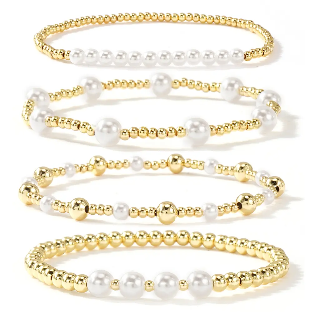 Shinus Boho Trendy 14K Gold Plated Pearl Beaded Stack Bracelets Sets for Women,Stackable Trendy Waterproof Ball Stretch Jewelry Boho Style Bracelet