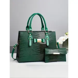 Women's Elegant Crocodile Embossed Handbag & Wristlet, Fashionable Solid Color Shoulder Bag Set for Daily Used, Casual Trendy Versatile High-quality Daily Commuting Bag, Textured Handbag, Unique Bags