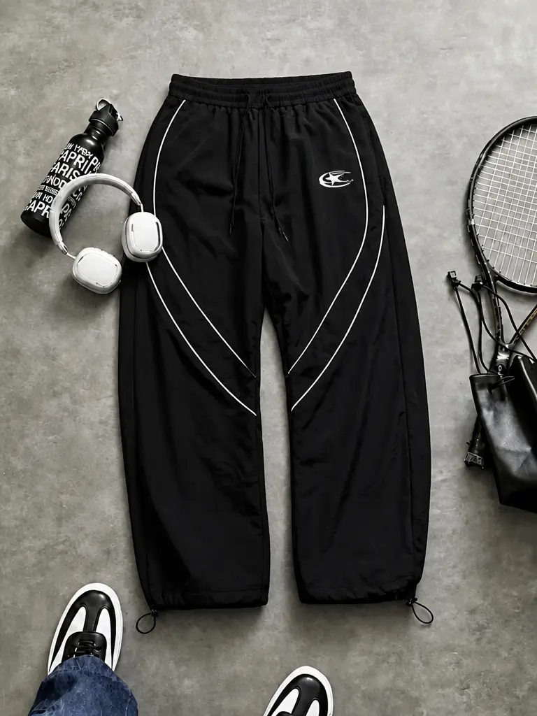 Men’s athletic long pants with a loose straight cut and side stripe design, featuring adjustable drawstring cuffs; comfortable casual training pants suitable for fitness, running, workouts, and everyday wear.