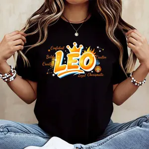 Leo Zodiac Sign Print T Shirt White Crew Neck Short Sleeve Casual Top For Women