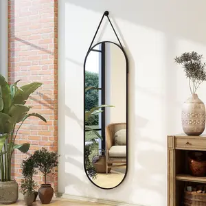 16x48 full length mirror modern oval door mirror full length with hanging leather cord wall mounted mirror with hanging leather strap for bathroom vanity living room bedroom entranceblack