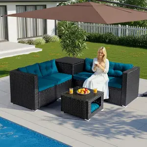 summervibes Karlhome  4 Pieces Outdoor Sectional Wicker Patio Furniture Set, Patio Sectional Sofa with Hidden Storage Outdoor Conversation Set, Glass Top Coffee Table for Backyard, Pool, Garden(Black)