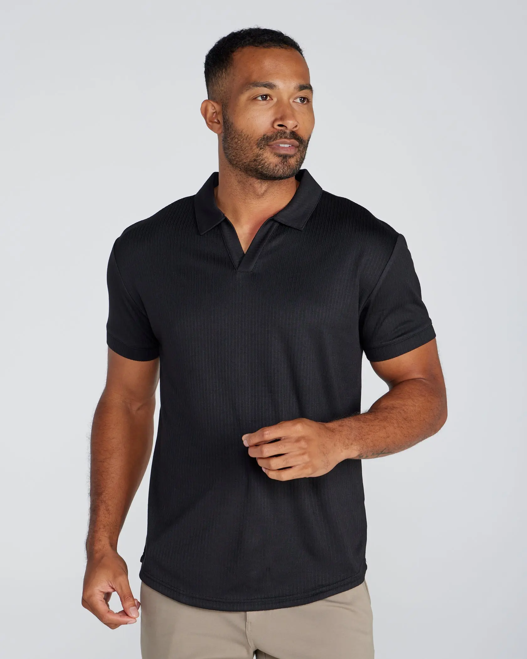 Ribbed Short Sleeve Open V Polo Top Shirts