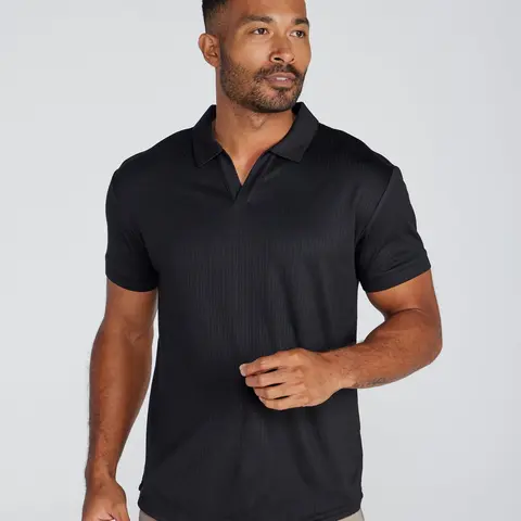 BYLT Basics Men's Classic Ribbed Short-Sleeve Drop-Cut V-Neck Polo Top, Soft Plain Menswear Shirt with Stitched Hem