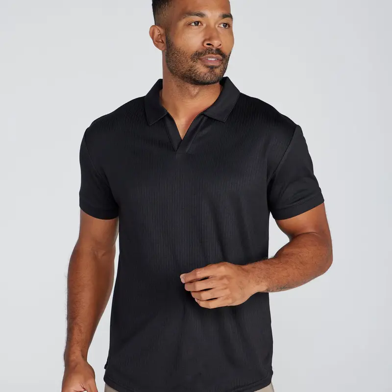 BYLT Basics Men's Classic Ribbed Short-Sleeve Drop-Cut V-Neck Polo Top, Soft Plain Menswear Shirt with Stitched Hem