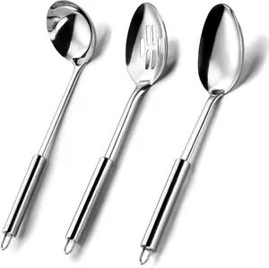 3-Piece Stainless Steel Serving Utensils Set – Silver Plated Buffet Set Includes Serving Spoon, Slotted Spoon & Soup Ladle for Parties & Events