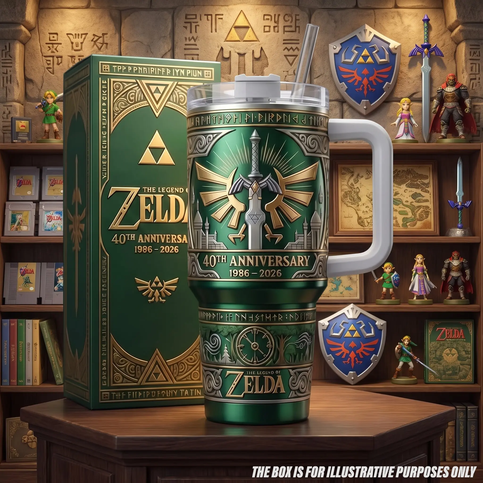 Zelda Protector of Hyrule 40 oz Stainless Steel Tumbler, Legend Classic Video Game Mug with Handle, Insulated Green Link Travel Cup, Nostalgic Gaming Holiday Drinkware, Leak Proof Cold Water Flask with Straw, Unique Gamer Geek Memorabilia Gift