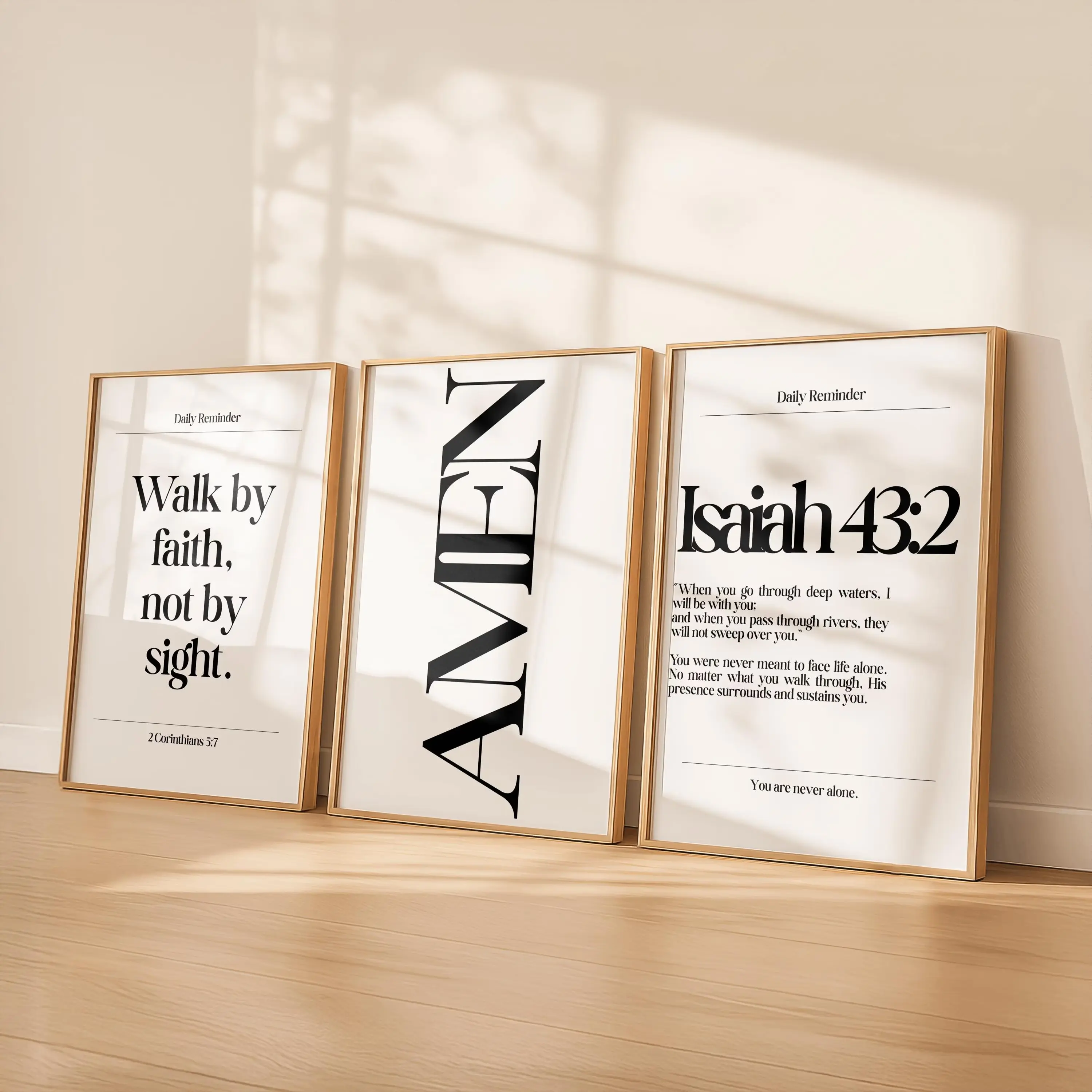 Daily Reminder Scripture Poster Unframed Set 3 | Christian Bible Verse Prints | Walk By Faith | Amen | Isaiah 43:2 | Minimalist Neutral Decor Digital