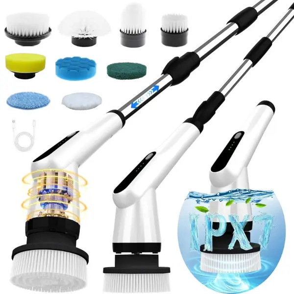Electric Spin Scrubber, 400RPM Cordless Power Scrubber with 9 Replaceable Heads, 2x2500mAh Battery & 3H Fast Charge, Adjustable Extension Handle Shower Cleaning Brush for Bathroom Tub Tile Fl