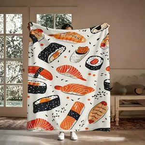 Cute Sushi Pattern Blanket, 1 Count Soft Warm Flannel Throw Blanket, Cozy Nap Blanket for Food Lovers Gift