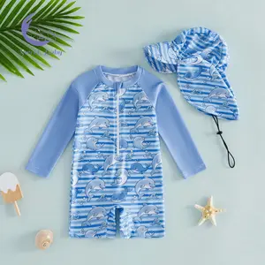 Baby Boys Rash Guard, Long Sleeve Stripes Dolphin Print Summer Swimsuit Swimwear With Sun Cap