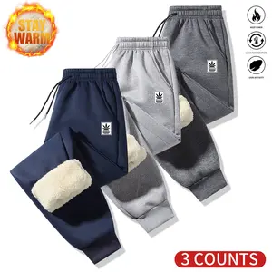Men's Solid Color Drawstring Waist Joggers Winter Fleece Lined Thick Pocket Casual Trousers Maple Leaf Pattern Three Piece Set, Thick Pockets, Casual Trousers, Men's Waistband Warm Pants, Stylish Minimalist Zipper Warm Pants, Casual Men's Bottoms