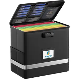 Fireproof Lockable File Box, Document Storage Organizer, Suitable for Letter-Size Hanging File Folders, Collapsible, with Reflective Strip for Quick Finding, 12.2"*6"*10.2", Black