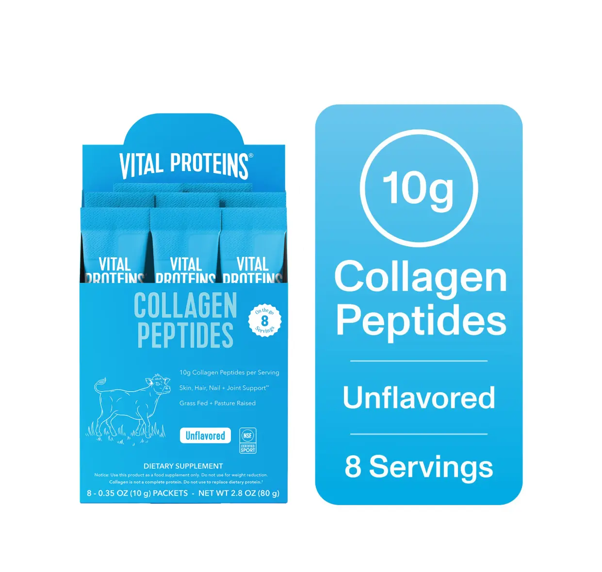 Vital Proteins Collagen Peptides Powder Stick Packs for Joints, Hair, Skin and Nails, Unflavored Collagen Support, 8 Count