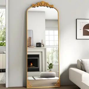 21x 64 arched full length mirror freestanding floor mirror with carved metal frame bottom art carved gold full body mirror for homedecor halling wall mirror with vintage ornate carved accents