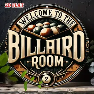 1pc 2D Plane Retro Aluminum Billiard Room Wall Sign - 7.8x7.8inch Classic Billiard and Cue Design Metal Art, Suitable for Bars, Game Rooms, Beach Houses, and Men's Caves, Durable Indoor and Outdoor Decoration, Billiard Theme Hanging Sign